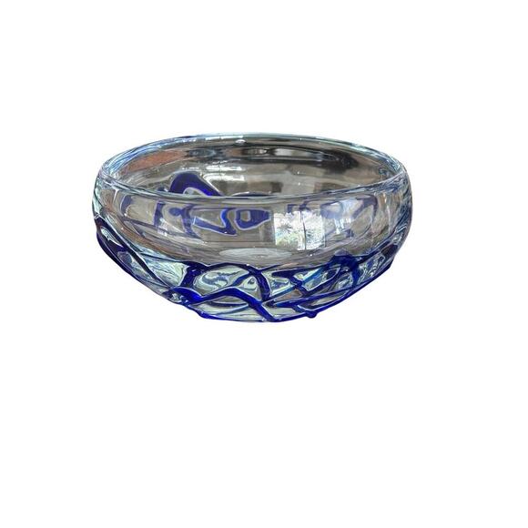 Ribbed Cobalt Blue Hand Blown Round Zig Zag Art Glass Sculpture Bowl 8” X 4” - Picture 6 of 8